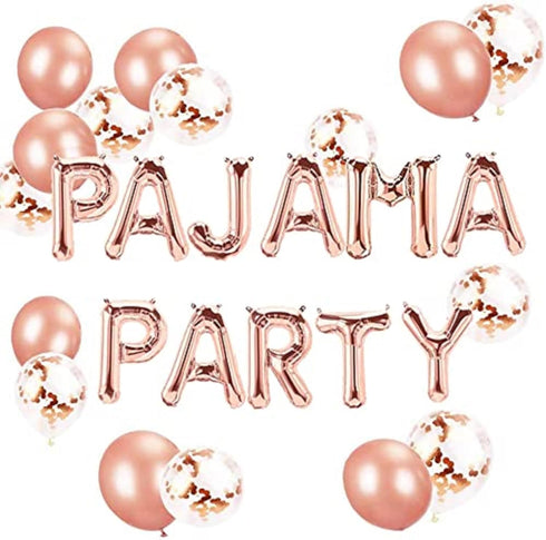 LaVenty Set of 11 Rose Gold PAJAMA PARTY Balloons PAJAMA PARTY Banner Pajama Party Decor Slumber Party Spa Party Balloons...