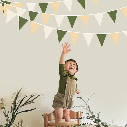 32Ft Sage Green Party Decorations Olive Green Tan Brown Cream Neutral Triangle Flag Fabric Banner Pennant Bunting Garland Streamers for Birthday W...