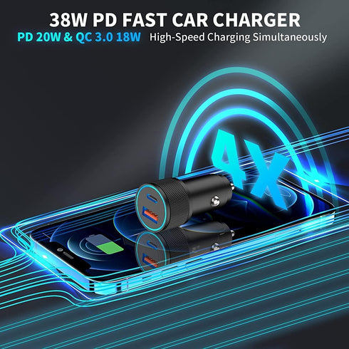 iPhone Car Charger, 38W MFi Certified Lightning Car Charger, USB C Car Charger Adapter PD3.0&QC3.0 Car Charger with 2Pack Lightning Cable for iPho...