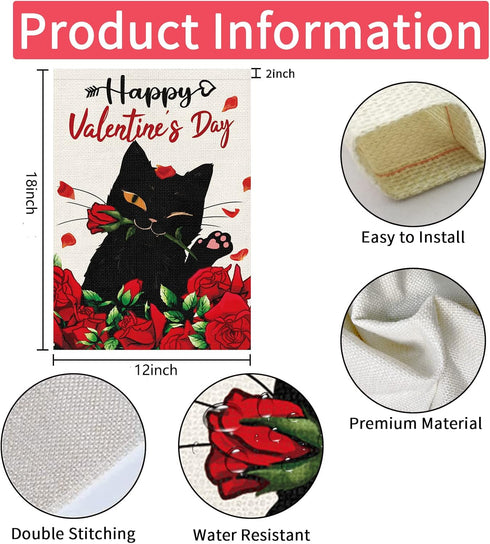 Happy Valentine's Day Garden Flag with Black Cat and Rose Floral Pattern Burlap Double Sided Yard Flag 12 x 18 Inch Garden Decoration for Valentin...