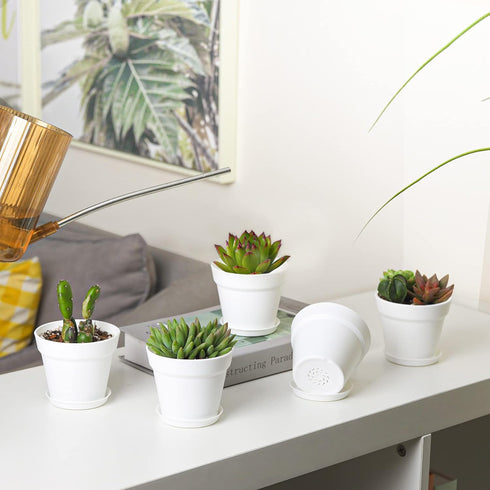 T4U 4 Inch Plant Pots 18-Pack - Small Plastic Planter with Drainage Hole and Saucer, Decorative Nursery Flower Pot Bulk for African Violet, Snake ...