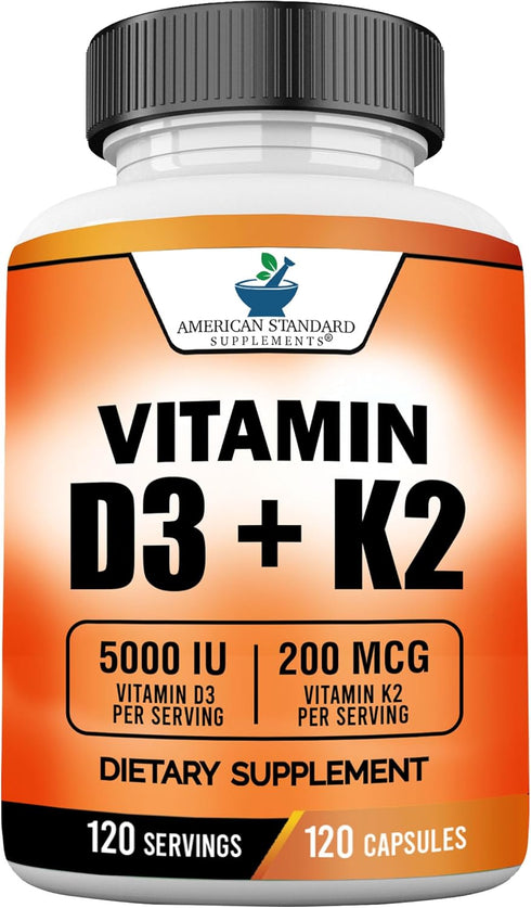 American Standard Supplements Vitamin D3 5000 IU (125mcg) Plus Vitamin K2 (MK7) 200mcg Per Capsule - Gluten Free, Non-GMO, 120 Capsules, 120 Servi...
