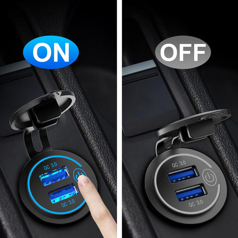 Qidoe 36W Dual QC3.0 USB Power Charger Socket, Waterproof 12V USB Outlet with Touch Switch Car USB Port for RV Motorcycle Boat Marine Truck Golf C...