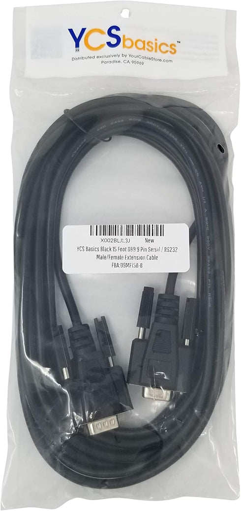 YCS basics Black DB9 9 Pin Serial / RS232 Male/Female Extension Cable (15 Ft)...