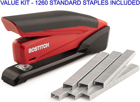 Bostitch Stapler with 1260 Staples - InPower Red Spring Powered Stapler - Built-in Staple Remover - Staple Storage Compartment - One Touch Heavy D...
