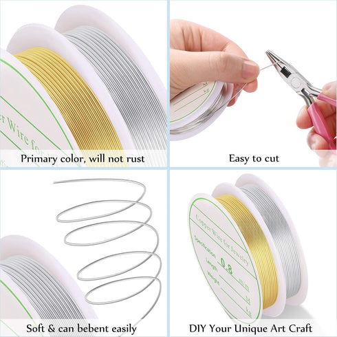 2 Pack Jewelry Craft Wire - 20 Gauge Tarnish Resistant Copper Beading Wire for Jewelry Making, 0.8mm X 3m Each (Gold, Silver)...