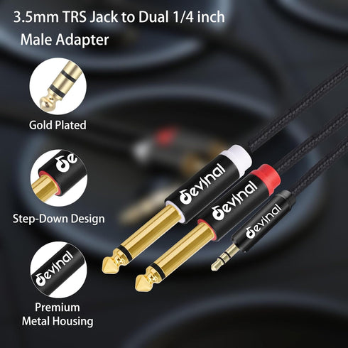 Devinal 3.5mm TRS to Dual 1/4"(6.35mm) TS Y-Cable, 1/8" to Two 6.35mm Mono Stereo Splitter Cord, Compatible for Computer Sound Cards, CD Players, ...