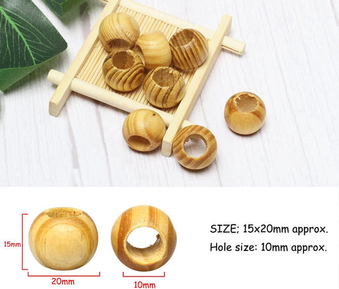50 Wooden Beads Large Hole Macrame Beads Round Striped Wooden Loose Spacer Beads with Wood Texture for Bead Crafts Making, 15 x 20mm(Light Brown,1...