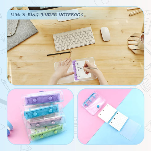 4 Pack Mini Transparent 3 Ring Binder Covers with Mini Binder Inner Paper and Pockets Clear Soft PVC Notebook Closure Loose Leaf Folder Round Ring...