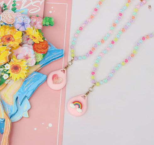 Cute Airtag Necklace Holder for Kids Girls, 2 Pack Love Heart and Rainbow Case Cover for Apple Airtag......