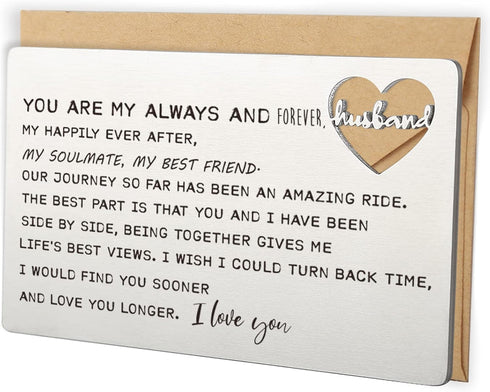 Stainless Steel Wallet Card, Engraved 'Husband' with Love Note for Anniversary, Birthday, Christmas, Valentine's Day...