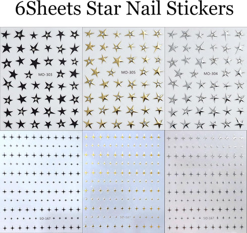 Star Nail Sticker 6 Sheets Gold Sliver Star Nail Art Stickers 3D Self-Adhesive Diamond Star Nail Decals Glitter Star Nail Charms Stickers Shiny Si...