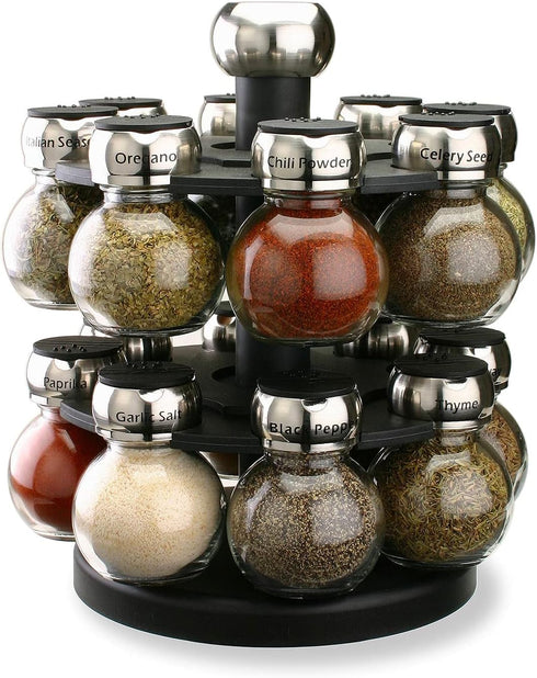 Olde Thompson Since 1944 Orbit Rotating Rack, 16 Refillable Spice Jars, Labeled Shaker Tops, 45, Black, Clear...