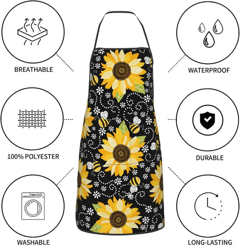 Sunflower Bees Oven Mitts and Pot Holders with Apron Set of 5 Silicone Sunflowers Kitchen Mitten Gloves and Non-Slip Potholders Cooking Apron Set ...