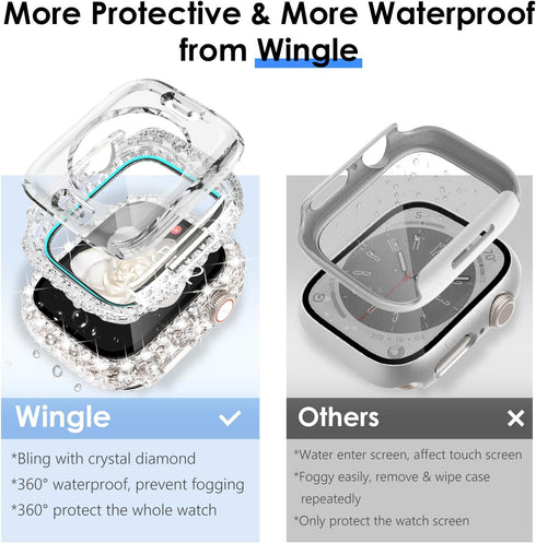 WINGLE 2 in 1 Waterproof Bling Case for Apple Watch 40mm Screen Protector SE (2nd/3rd Gen) Series 6 5 4, Lace Edge Diamond Face Cover Full Glitter...