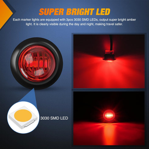 Nilight 3/4Inch Round Marker Light 10PCS Red LED Clearance Light 2 Connectors Side Indicator Bullet Marker Light IP68 Waterproof for Trailer Truck...