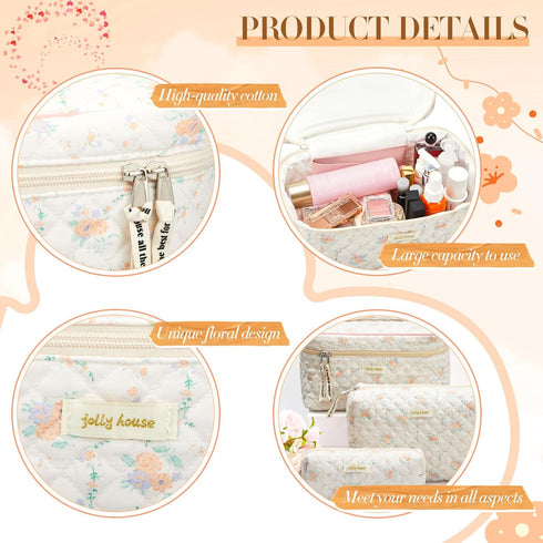 3 Pcs Quilted Makeup Bag Large Cosmetic Bag Floral Makeup Bag Travel Aesthetic Cute Kawaii Toiletry Cosmetic Pouch with Zipper for Women Gifts Hom...
