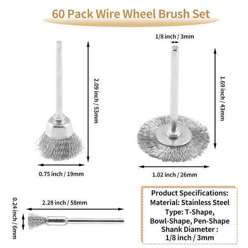 60 Pack Wire Wheel Brush Set, 1/8 Inch Shank Stainless Steel Brush Kit Rotary Buffing Brush Wheel, Rust Removal Tool Set, Wire Pen Brush + Bowl-Sh...