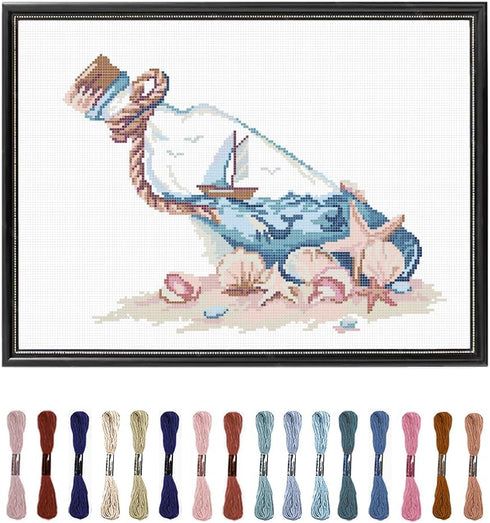 FREEBLOSS 11CT Cross Stitch Kit Drift Bottle Pattern Stamped Cross Stitch Kits for Beginners Embroidery Kit Counted Cross Stitch Kit with Instruct...
