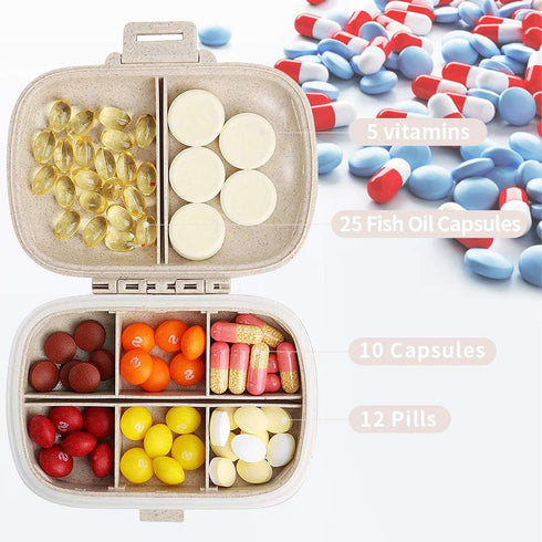 Travel Pill Organizer, Portable 8 Compartments Small Pill Case Daily Pill Box to Hold Vitamins, Cod Liver Oil, Medicine for Pocket Purse (Beige)...