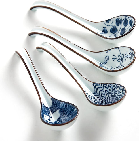 Soup Spoons Set of 4,Asian Soup Spoon Ceramic Ramen Spoons, Japanese Soup Spoon Long Handle Perfect Depth for Dumpling, Pho, Noodles, Miso, Chines...
