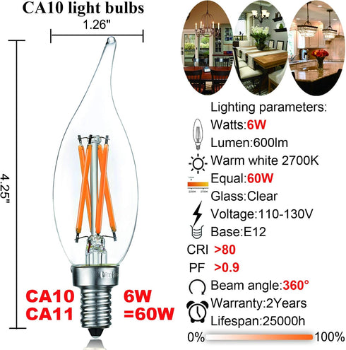 LiteHistory E12 led Bulb Dimmable 6W Equal 60 Watt LED Light Bulbs 2700K AC120V led Edison Bulb CA10 CA11 led Candelabra Bulb for Chandelier Light...