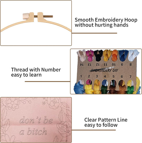Nuberlic 2 Sets Funny Embroidery Kit for Beginners Adults, Embroidery Starter Kit with Stamped Floral Pattern, Simple Cross Stitch Kits Include Em...