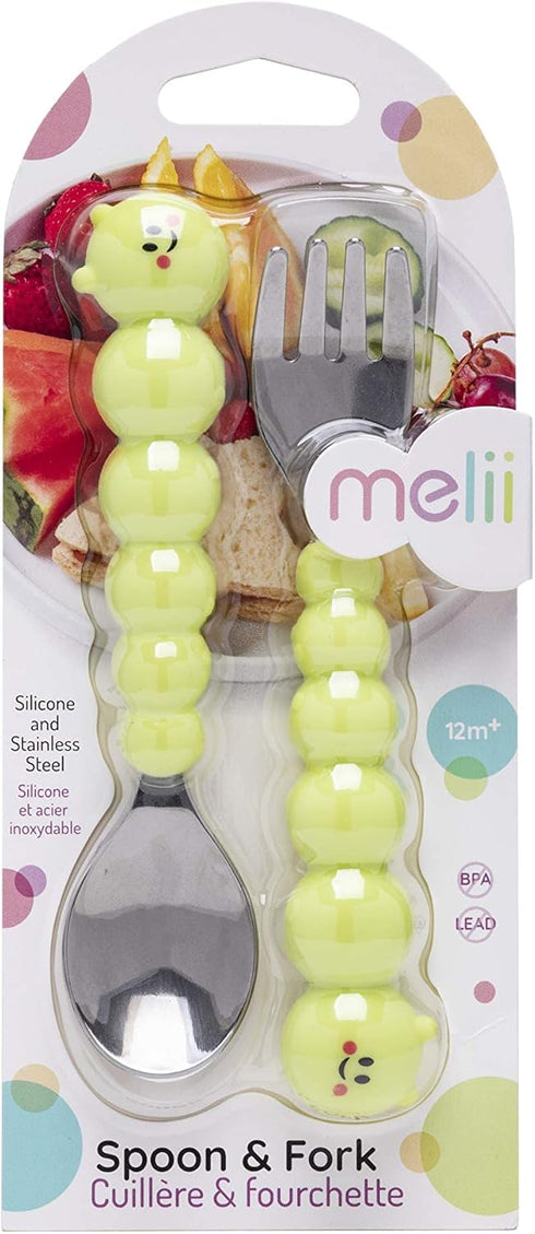 melii Caterpillar Spoon and Fork Utensil Set for Toddlers - BPA-Free Silicone and Stainless Steel Kids Utensils - Ergonomic, Easy-Grip Design for ...