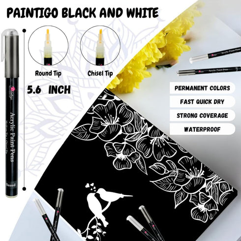Acrylic Paint Pens,8 Pack 4 Black and 4 White Paint Markers, Paint Pens for Rock Painting Stone Ceramic Glass Wood Plastic Glass Metal Canvas,Draw...