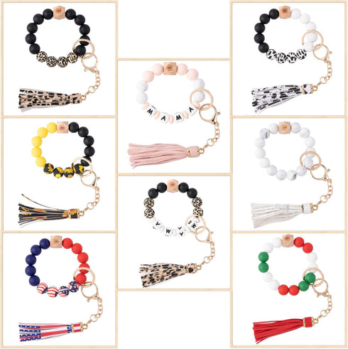 Silicone Keychain Beaded Wristlet Key Ring Bracelet,Beaded Keychain with Leather Tassel for Women…...