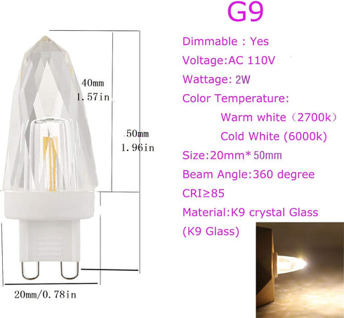 Lxcom Lighting G9 LED Light Bulbs 2W (15W Halogen Equivalent) Dimmable Crystal COB Bulb Warm White 2700K 200LM G9 Base AC110V for Home Lighting, 6...