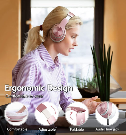 9S Over Ear Bluetooth Headphones, 60 Hours Playtime, Hi-Fi Stereo, Deep Bass, Microphone, Foldable, Rose Gold...