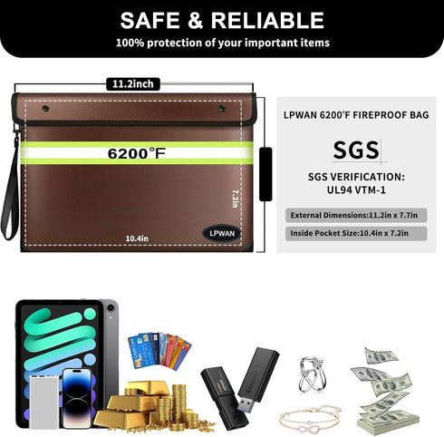 Upgraded Fireproof Document Bag Waterproof Fireproof Bag with Zipper,9 Layers of Heat Insulated Materials,6200°F Fireproof Money Bag for Cash,Valu...