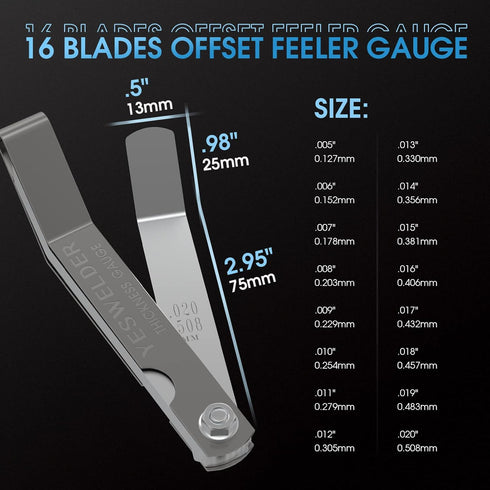 YESWELDER Thickness Gauges 32 blades Feeler Gauge 0.0015-0.035"/16 Pieces Offset Feeler Gauge Set 0.005-0.020", Dual Marked Gap Measuring Tool Kit...
