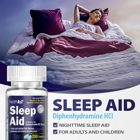 HealthA2Z Sleep Aid 200 Caplets | Diphenhydramine HCl 25mg | Regular Strength Sleeping Pills | Safe & Non-Habit-Forming...