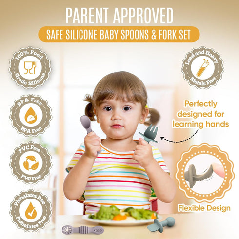 4pc Silicone Baby Spoons Self Feeding Baby Utensils 6-12 Months - 3 Baby Spoon - 1 Baby Fork - Toddler Cutlery Set - BPA Free, Dishwasher Safe, Ba...