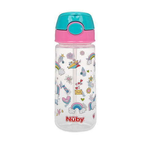 Nuby 2-Pack Kid’s Printed Flip-it Active Water Bottle with Push Button Cap and Soft Straw - 18oz / 540ml, 18+ Months, 2-pack, Prints May Vary...