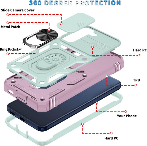 Case for Galaxy S22, Shockproof Impact Resistant with Slide Lens Protective Cover Case for Samsung Galaxy S22 4G/5G 6.1 inch (Pink Green)...