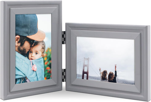 Vertical Horizontal, Art Double 4x6 Grey Wood Foldable Picture Frame - Opening 3.5x5.5 - for 4 by 6 Portrait and Landscape View...