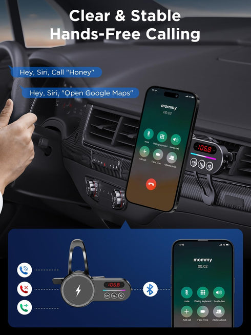 for 15W Wireless MagSafe Bluetooth 5.3 FM Transmitter - Hands-Free Calling, HiFi Bass Sound, TF/SD Card Support, LED Display, Air Vent Installatio...