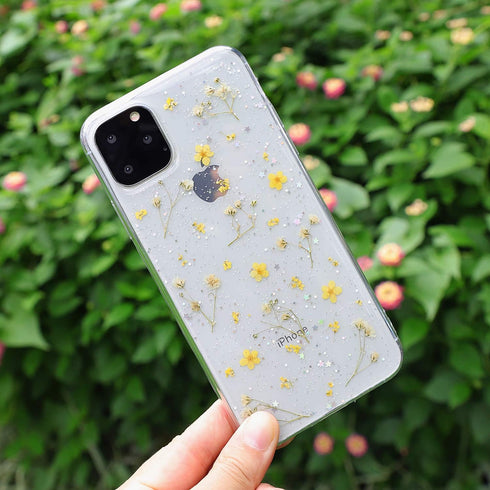Compatible with iPhone 15 Plus Flower Case, Soft Clear Rubber Pressed Dry Real Flowers Case Girls Glitter Floral Cover Clear case with Flowers for...