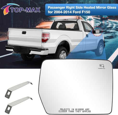 TOP-MAX F150 Passenger Right Side Mirror Glass Replacement Compatible with 2004-2014 Ford F150, with Holder Convex Heated Mirror for 4L3Z17K707DA ...