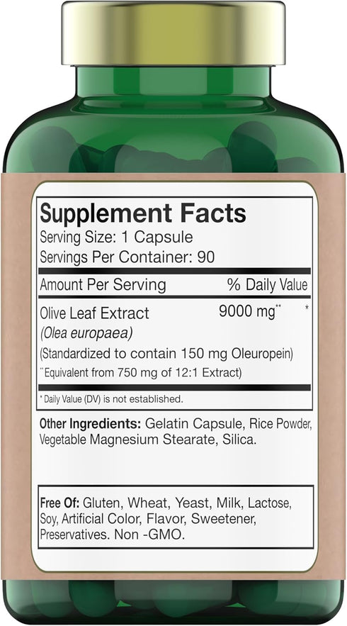 Olive Leaf Extract Capsules 9000 MG (90 Capsules) | Standardized to Contain 150 mg Oleuropein | Antioxidant with Polyphenols | Non-GMO. Produced &...