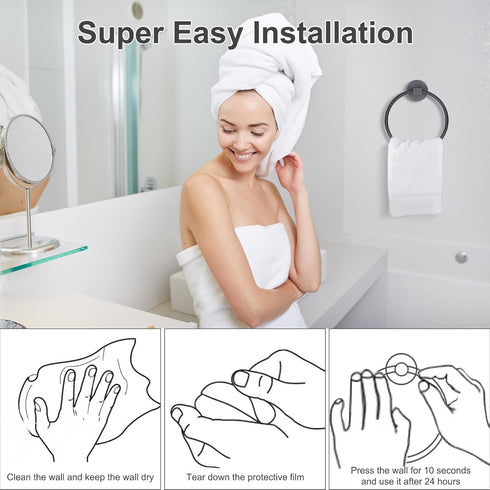 Towel Holder for Bathroom Matte Black Towel Ring, 2pcs Adhesive Wall Mounted Hand Towel Holder, Towel Hanger for Bath&Kitchen Organizer, Stainless...