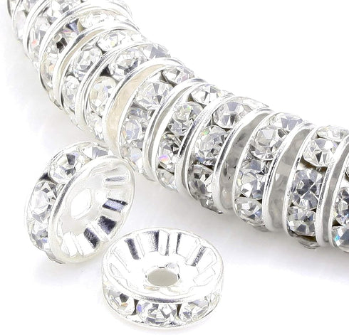 100Pcs Rondelle Spacer Beads 8mm Silver Plated Round Crystal Charms Czech Rhinestone Spacer Loose Beads for Jewelry Making Supplies Bracelet Neckl...