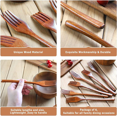 Forks,Wooden Forks, AOOSY 6 Pieces Eco-friendly Japanese Wood Salad Dinner Forks Wooden Forks Set Reusable Handmade Natural Wood Flatware Set for ...