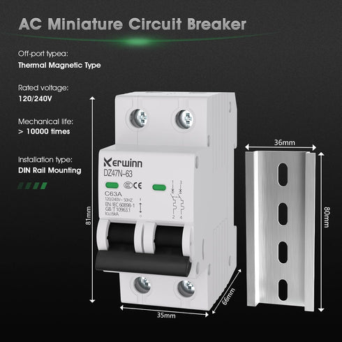 Miniature Circuit Breaker 120V/240V ac circuit breaker 2Pole 32Amp smart circuit breaker DIN Rail Mount for Marine power systems,solar photovoltai...