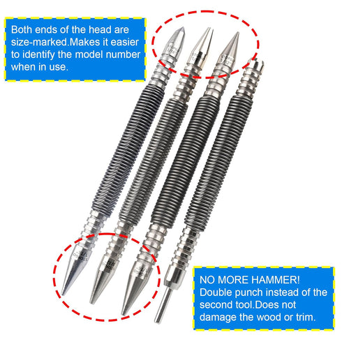 Spring Nail Set,Dual Head Nail Setter,4pcs Hammerless Door Hinge Pin Removal Tool,Striking Force Spring Loaded Nail Punch?1/8-in, 3/32-in, 3/16-in...