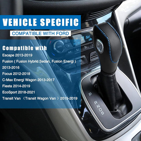 Leather Gear Shift Knob Cover Compatible with Ford Focus? Escape? Fusion? C-Max Energi Wagon? Transit ? Fiesta 2012-2019 Black Leather with Blue S...