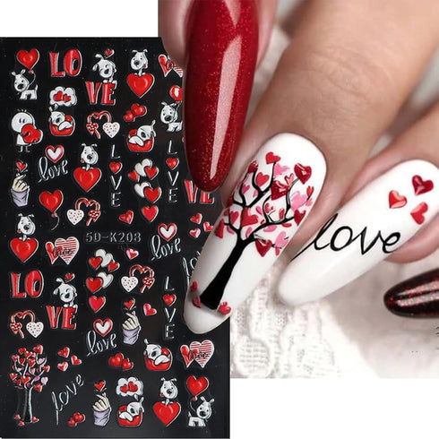 Valentine's Day Nail Art Stickers 5D Embossed Red Heart Nail Decals Red Love Mail Cute Cartoon Dog Bear Valentine Nail Designs Sticker Relief Nail...